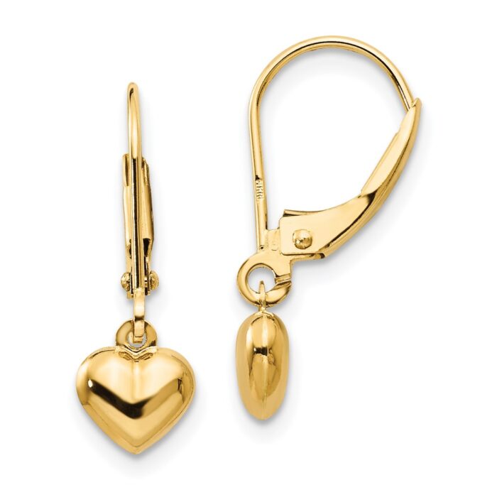 SE945 14K Yellow Gold Madi K Puffed Polished Heart Drop Leverback Earrings