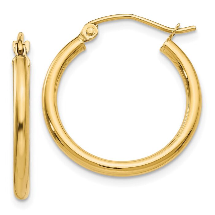 T916 14K Yellow Gold Polished 2 x 20 mm Tube Hoop Earrings