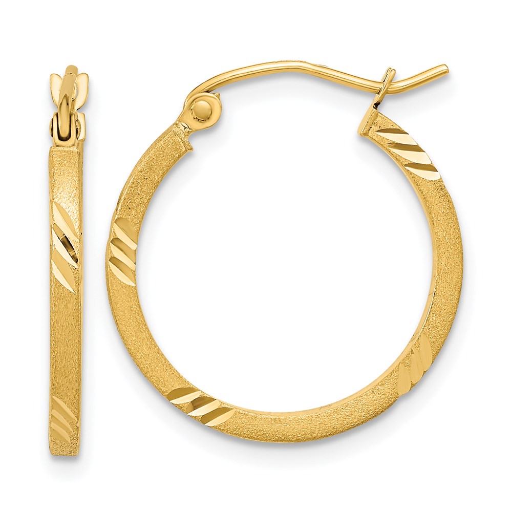 TF1088 14K Yellow Gold Satin Diamond-Cut Square Tube Hoop Earrings