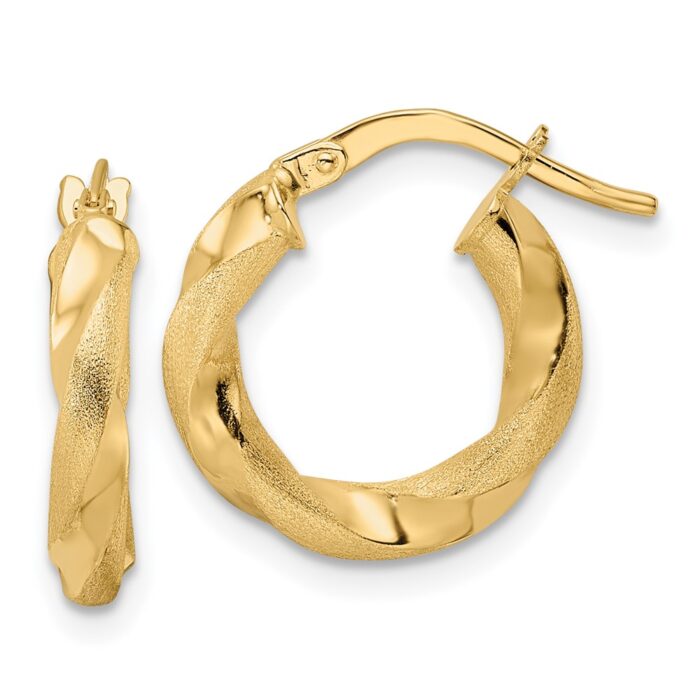 TF2141 14K Yellow Gold Brushed & Polished Twisted Hoop Earrings