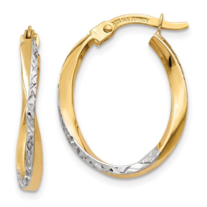 TF749 14K Yellow & Rhodium with White Rhodium Textured & Polished Oval Hoop Earrings