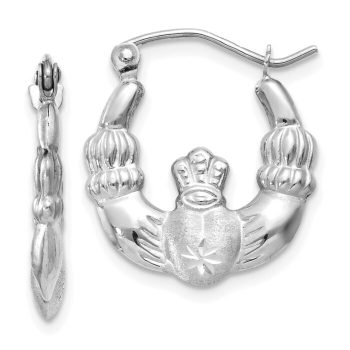 TH800 14K White Gold Satin & Diamond-cut Claddagh Hoop Earrings