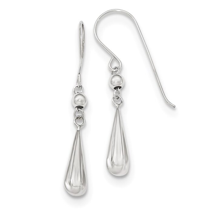 TH933 14K White Gold Grooved Puffed Teardrop Shepherd Hook Earrings