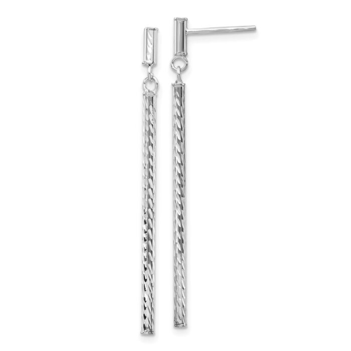 TH955W 14K White Gold Polished & Diamond-Cut Bar Dangle Post Earrings