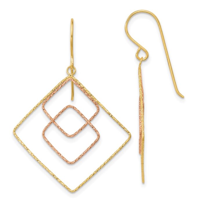 TL1004 14K Two-Tone Diamond-Cut Graduated Square Shepherd Hook Earrings