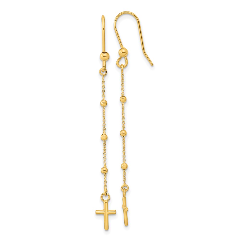 TL1103 14K Yellow Gold Polished Cross Dangle Shepherd Hook Earrings