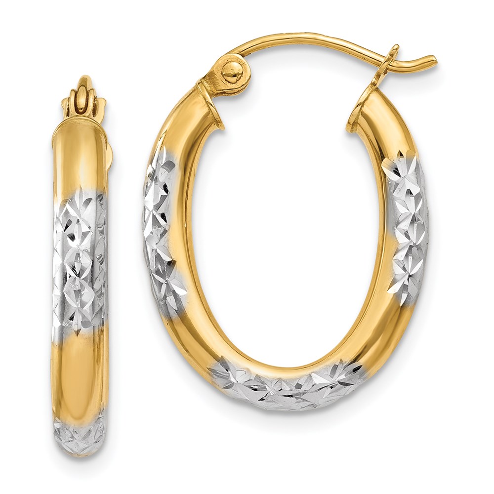 TL659 14K Yellow & Rhodium 3 mm Diamond-Cut Oval Hollow Hoop Earrings