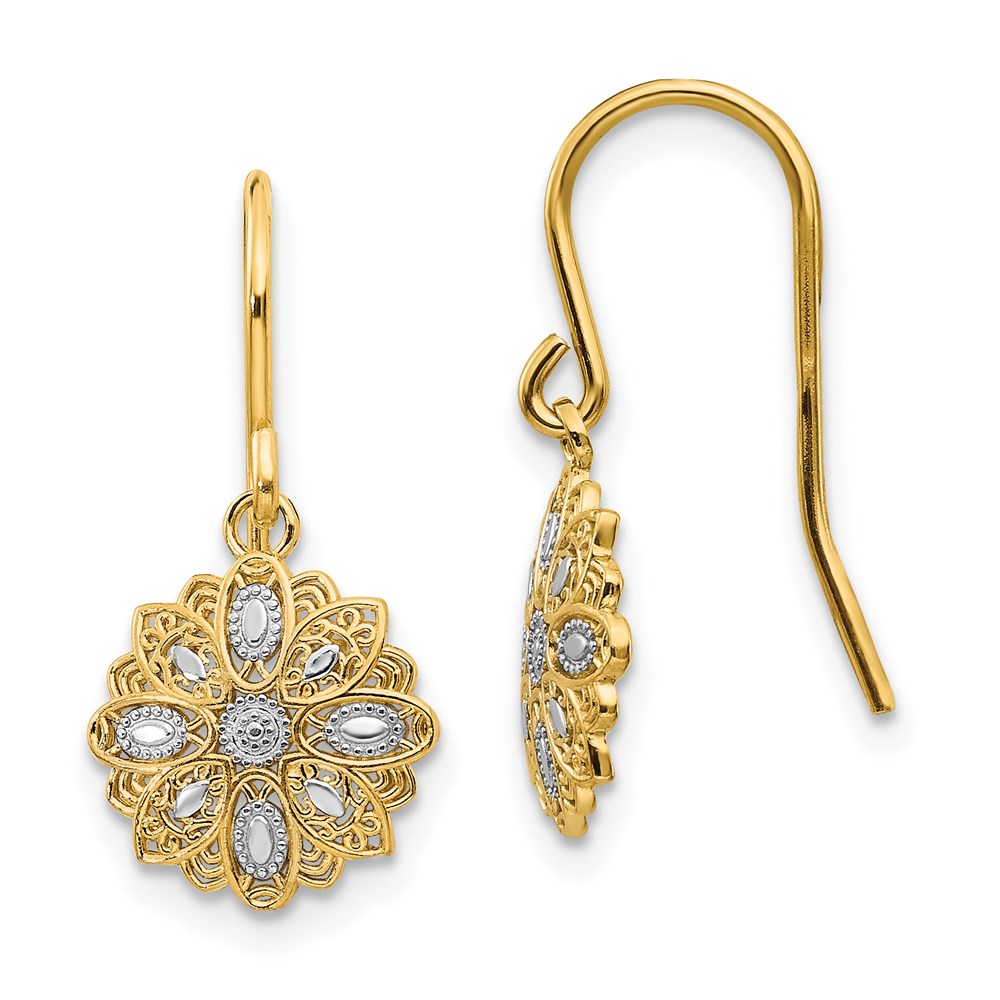 TM740 14K Yellow & Rhodium Diamond-Cut Polished Fancy Dangle Earrings