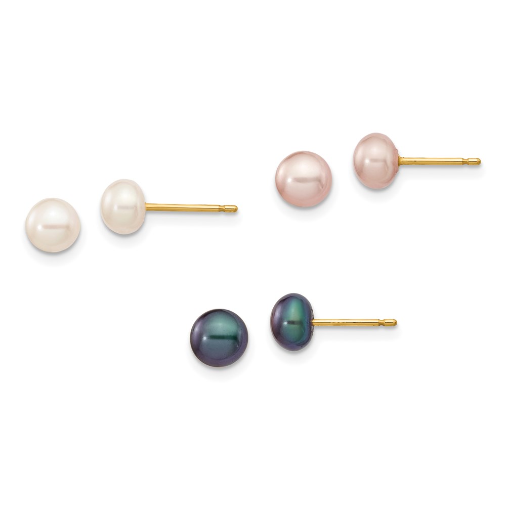 XF206 14K Yellow Gold 5-6 mm Button Freshwater Cultured Pearl Boxed Post Earrings Set - Pack of 3