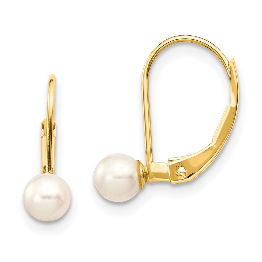 XF495E 14K Yellow Gold 4-5 mm White Round Freshwater Cultured Pearl Leverback Earrings