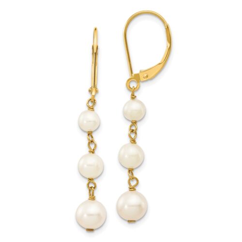 XF569 14K Yellow Gold 4-6 mm White Semi-round Freshwater Cultured Pearl Gaduated Leverback Earrings