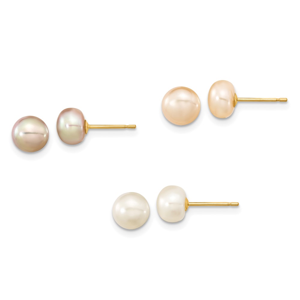 XF680SET 14K Yellow Gold 6-7 mm Button Freshwater Cultured Pearl Boxed Post Earrings Set - Pack of 3