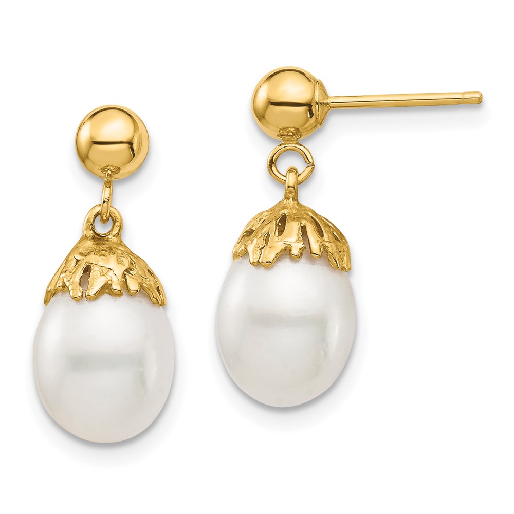 XF693E 14K Yellow Gold 7-8 mm White Rice Freshwater Cultured Pearl Dangle Post Earrings