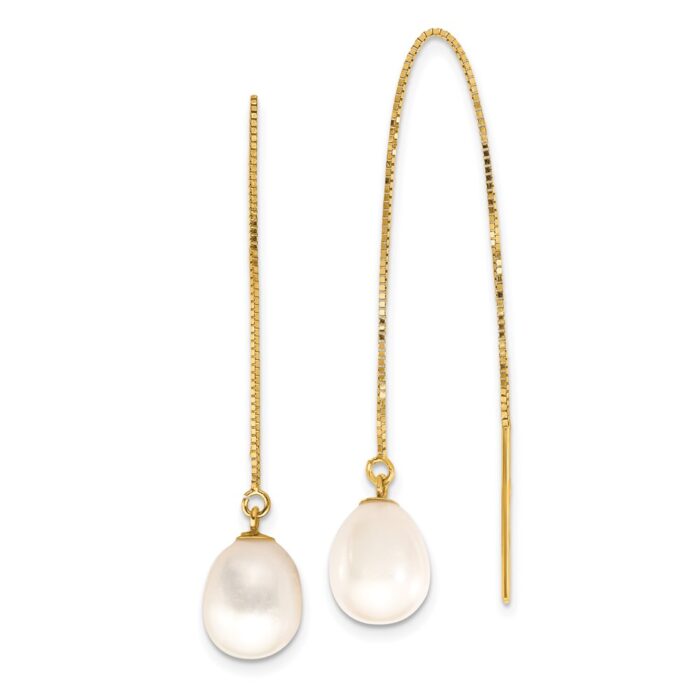 XF713E 14K Yellow Gold 7-8 mm White Teardrop Freshwater Cultured Pearl Box Chain Threader Earrings