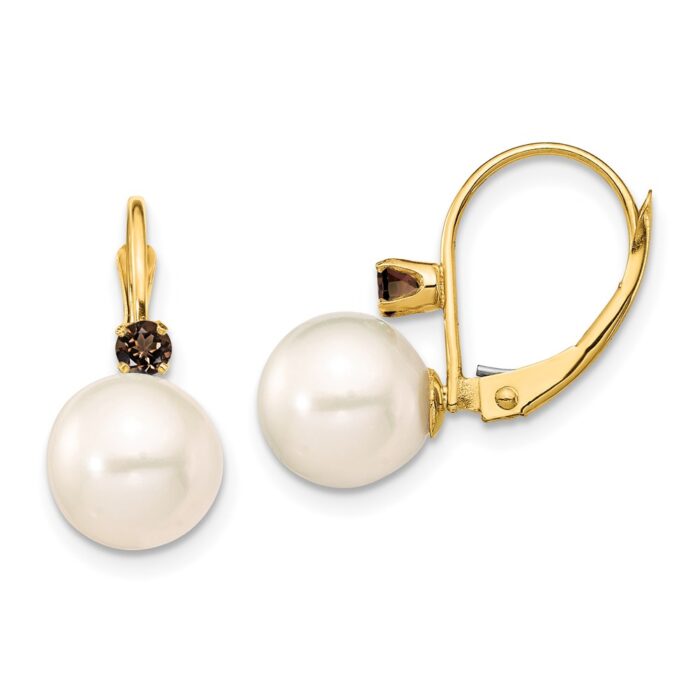 XF752E-SQ 14K Yellow Gold 8-8.5 mm White Round Freshwater Cultured Pearl Smokey Quartz Leverback Earrings