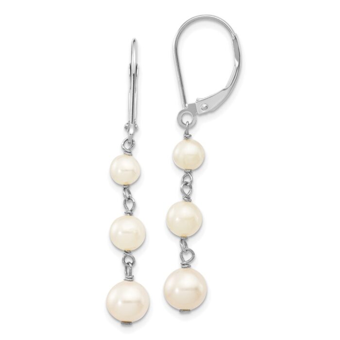 XFW569 14K White Gold 4-6 mm Near Round White Freshwater Cultured Pearl Dangle Earrings