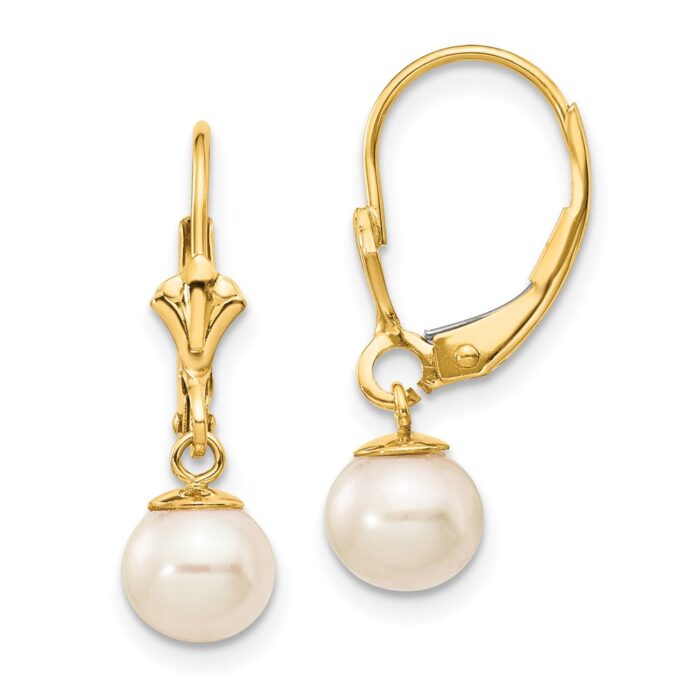 XLB154PL 14K Yellow Gold 6-7 mm White Round Freshwater Cultured Pearl Leverback Earrings