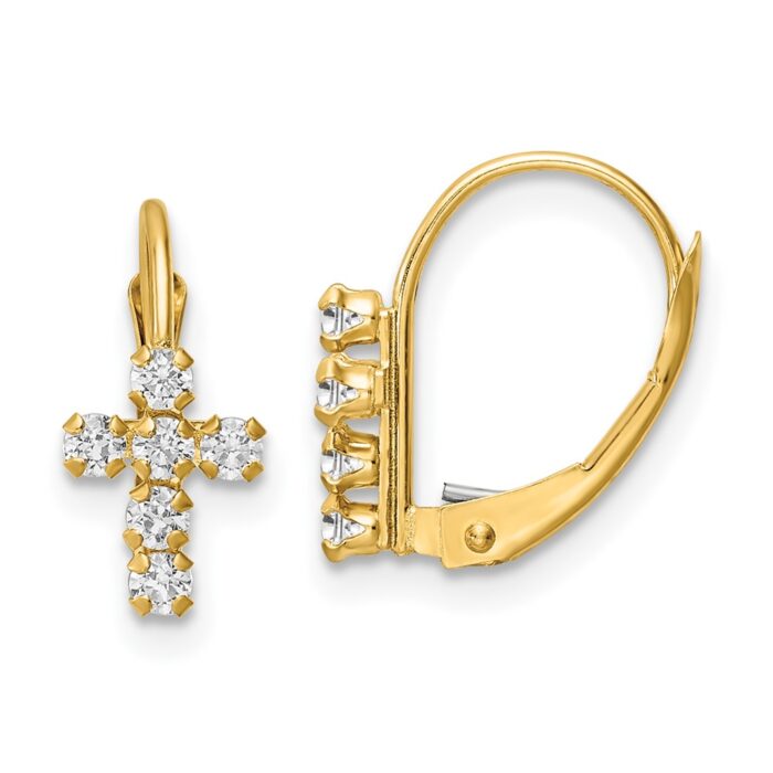 YE2120 14K Yellow Gold CZ Polished Leverback Cross Earrings