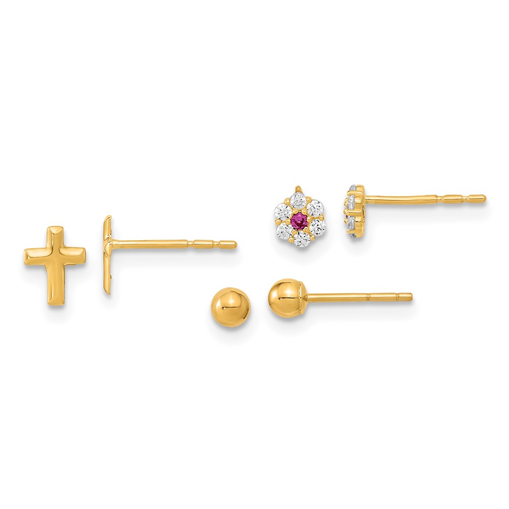 YE2126 14K Yellow Gold Polished Set of Ball Post CZ Flowers & Cross Earrings Set - Pack of 3