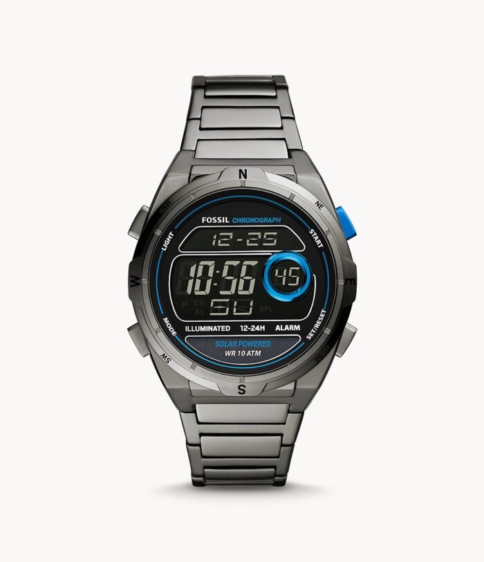 Everett Solar-Powered Digital Smoke Stainless Steel Watch