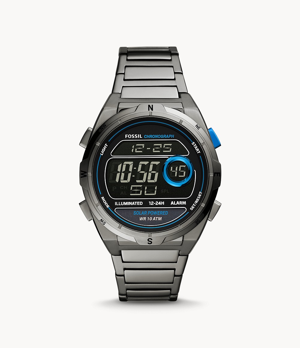 Everett Solar-Powered Digital Smoke Stainless Steel Watch