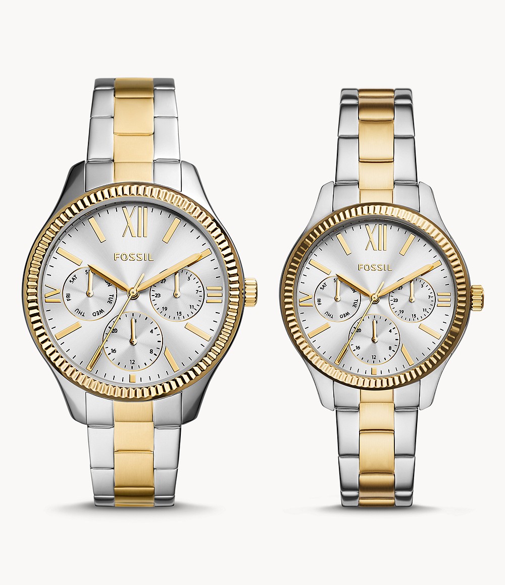 His And Hers Multifunction Two-Tone Stainless Steel Watch Set