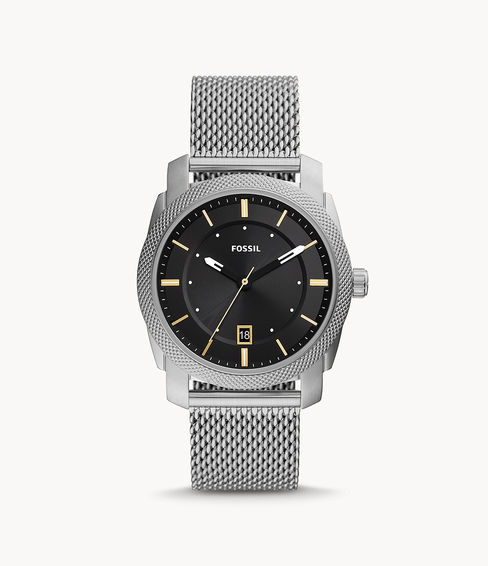 Machine Three-Hand Date Stainless Steel Mesh Watch