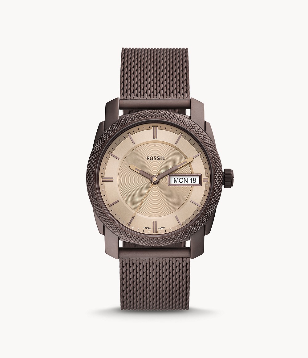 Machine Three-Hand Day-Date Brown Stainless Steel Mesh Watch