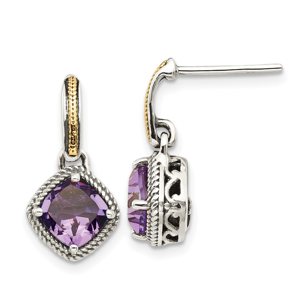 QTC961 14K Sterling Silver Two-Tone with Antiqued Amethyst Post Dangle Earrings