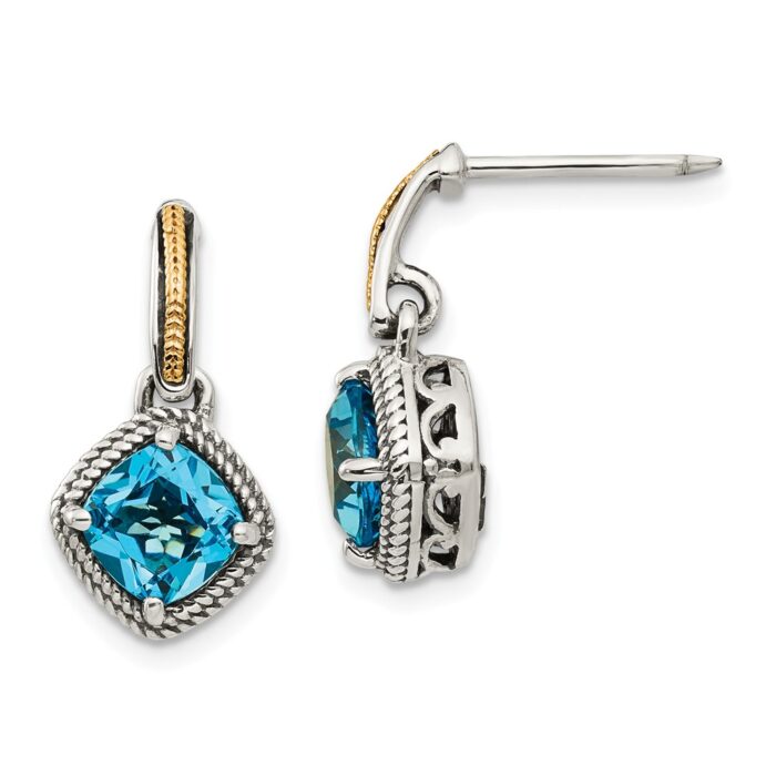 QTC962 Sterling Silver with 14K Gold Antiqued Light Swiss Blue Topaz Post Earrings