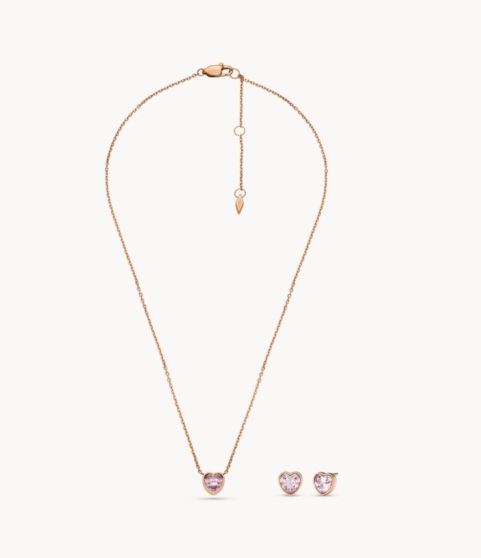 Rose Gold-Tone Stainless Steel Heart Necklace And Earrings Gift Set JGFTSET1054