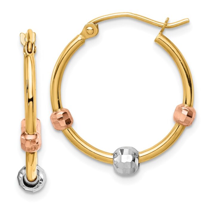 TF1468 14K Polished with D-C Beads Tri-color Hoop Earrings