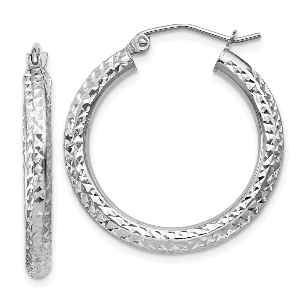 10TC253 10K White Gold Diamond-Cut 3 mm Round Hoop Earrings