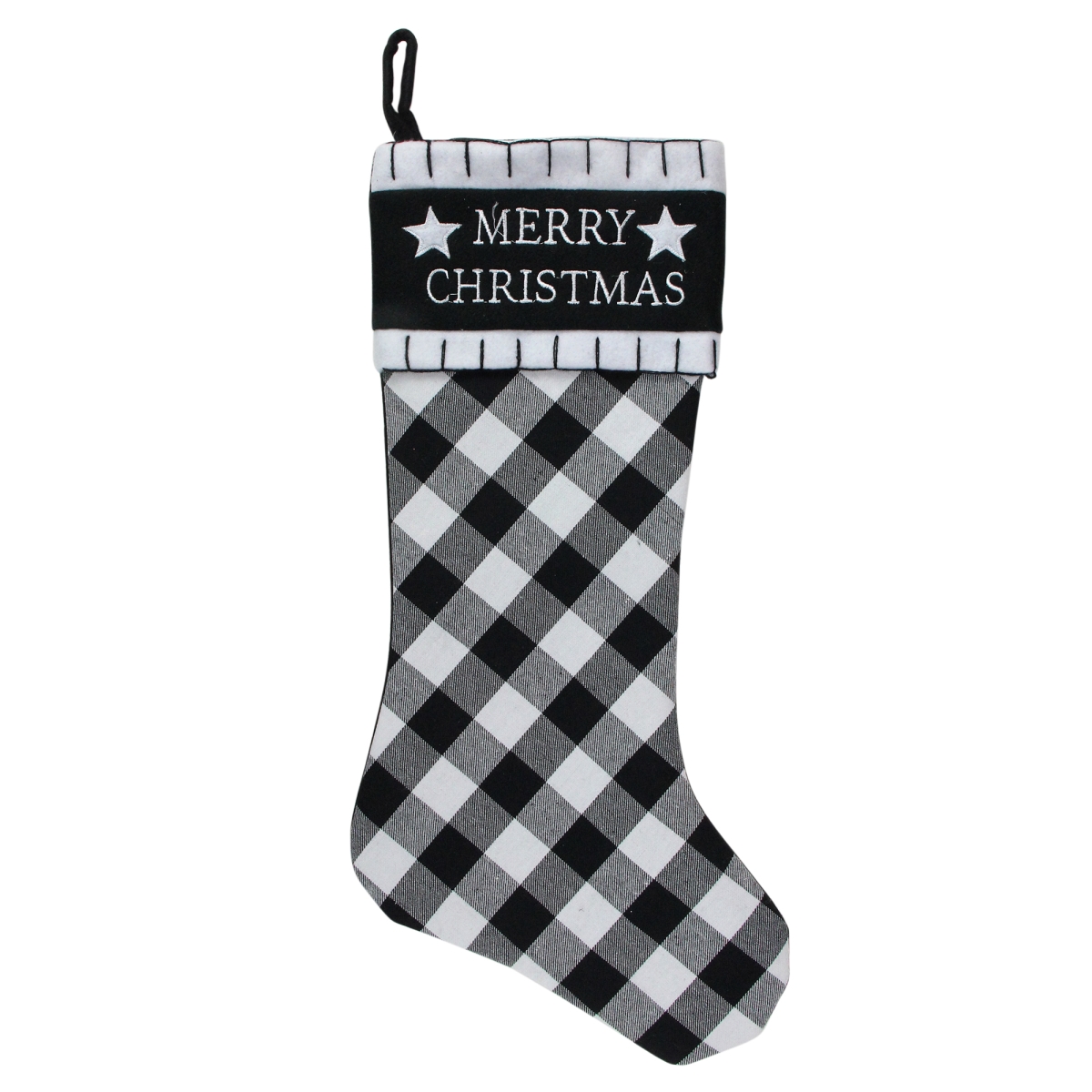 32912626 20.5 in. Black & White Merry Christmas Christmas Stocking with Blanket Stitch Cuff