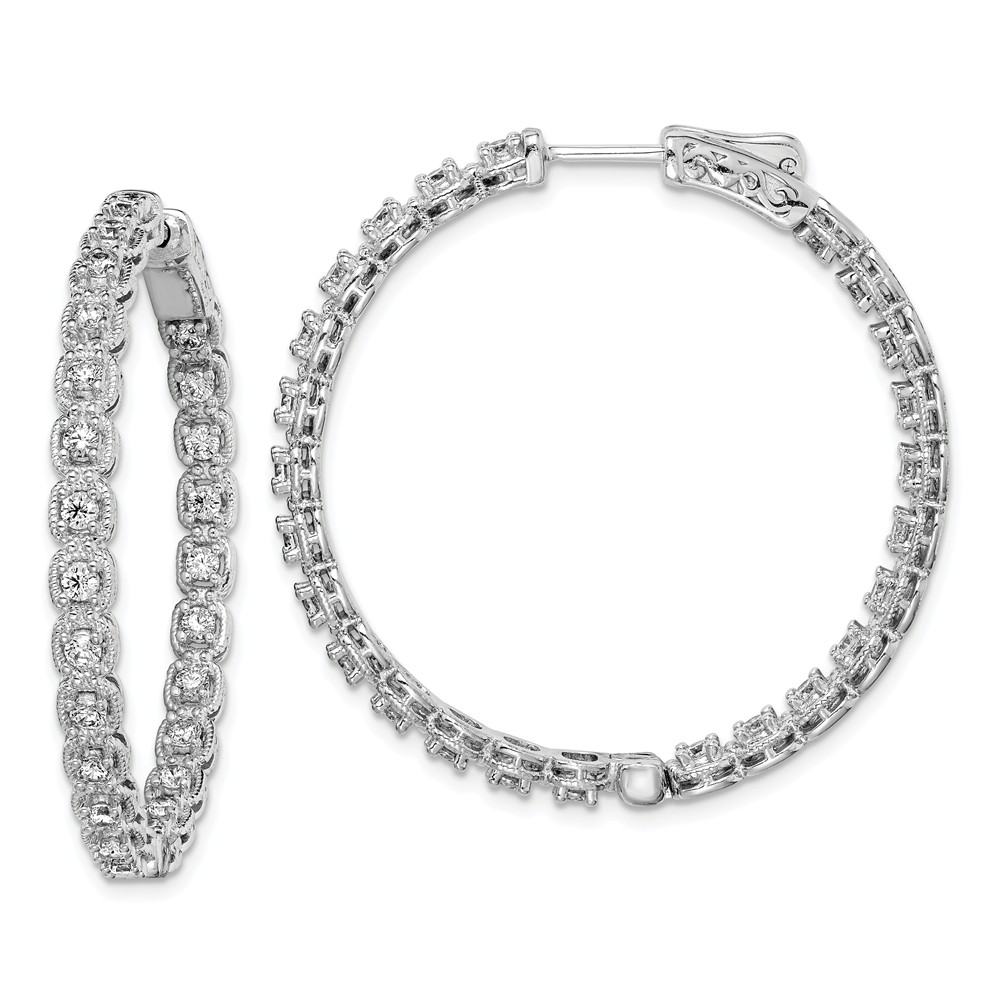 37 mm Sterling Silver Rhodium Plated CZ In & Out Hoop Earrings - Polished