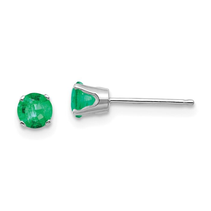 4 mm 14K White Gold Emerald Stud Earrings, Pair