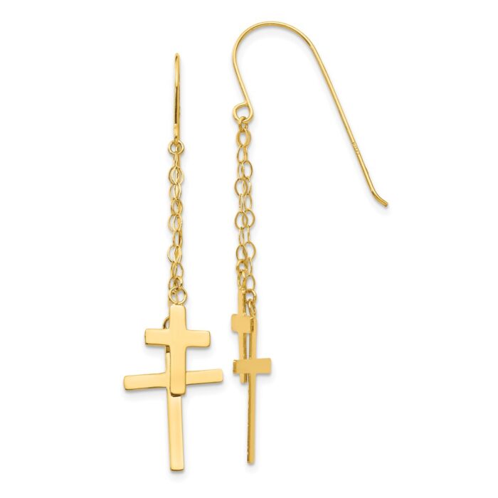 H1089 14K Yellow Gold Chain Dangle Cross Shepherd Hook Earrings