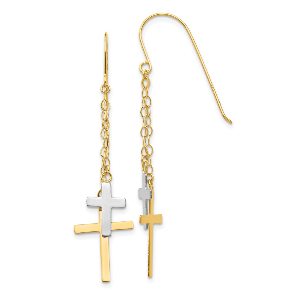 H1091 14K Yellow Gold Two-Tone Chain Dangle Cross Shepherd Hook Earrings