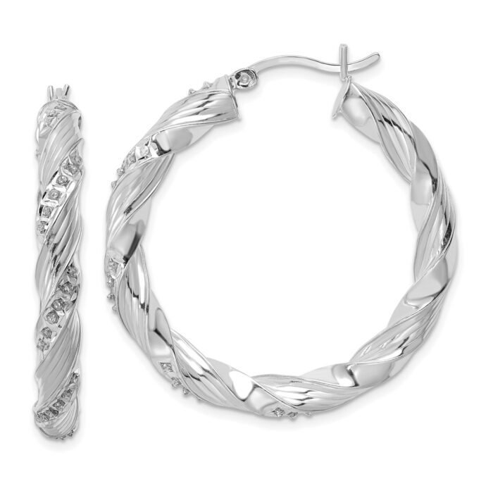 QDF193 Sterling Silver Platinum-plated Diamond Mystique Twisted Hoop Earrings