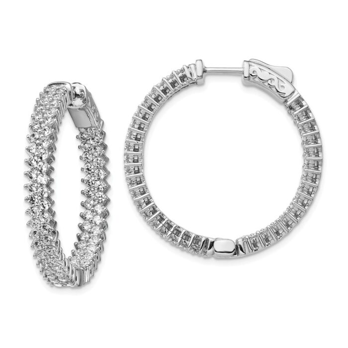 QE13006 Sterling Silver Rhodium-Plated CZ 146 Stones In & Out Hoop Polished Earrings