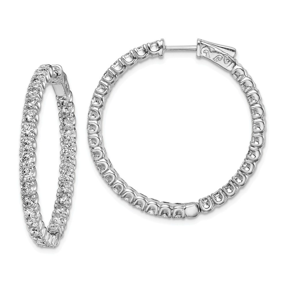 QE7960 Sterling Silver Rhodium-Plated CZ 62 Stones In & Out Hinged Hoop Polished Earrings