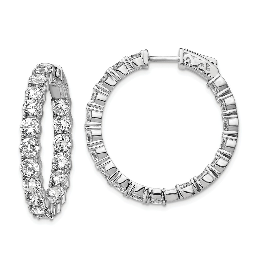 QE7969 Sterling Silver Rhodium-Plated CZ In & Out Hinged Hoop Earrings - Polished