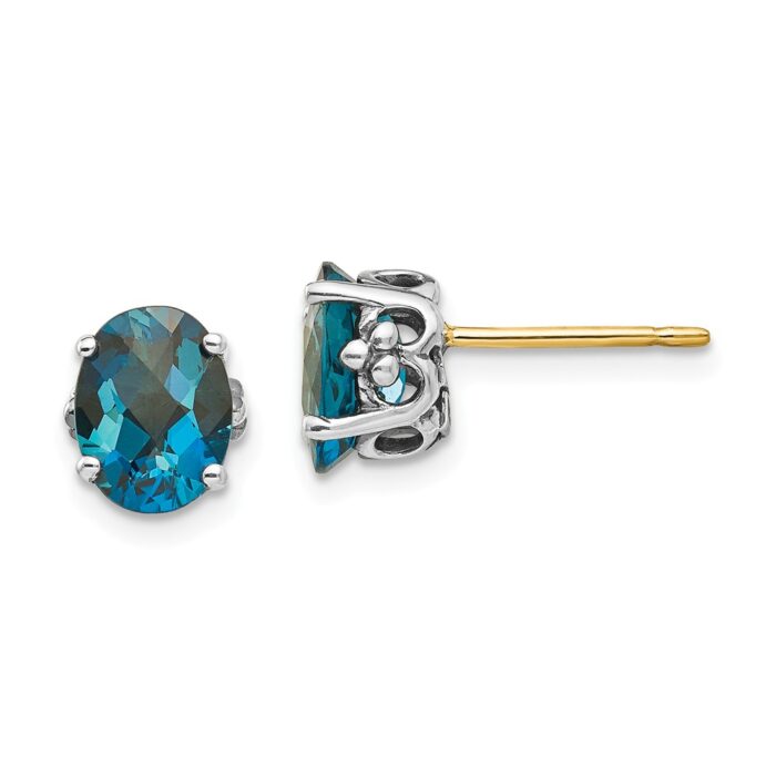 QTC1342 9 mm Sterling Silver with 14K Gold London Blue Topaz Post Earrings, Antiqued