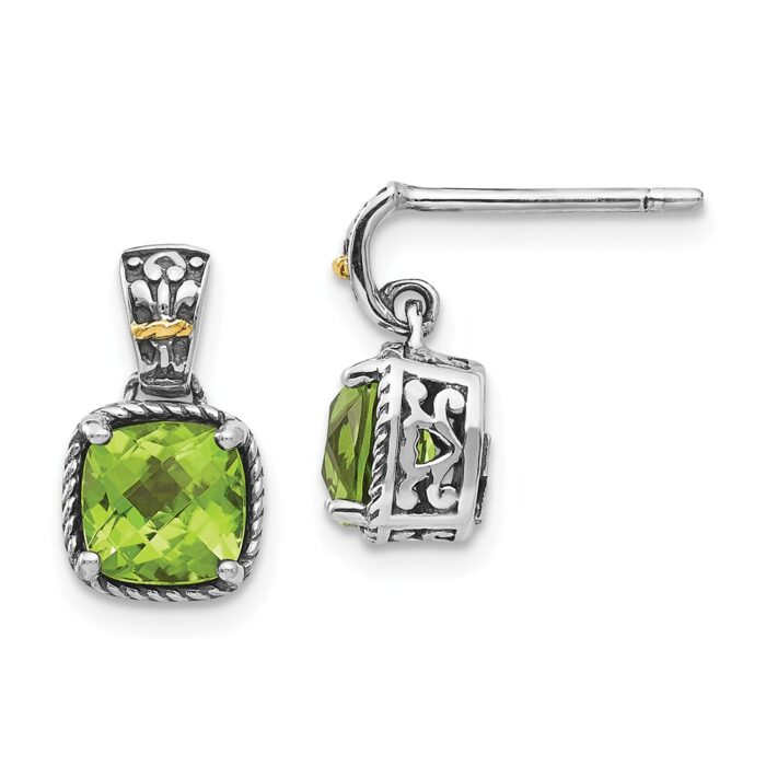 QTC1462 Sterling Silver with 14K Gold Peridot Dangle Post Earrings, Antiqued