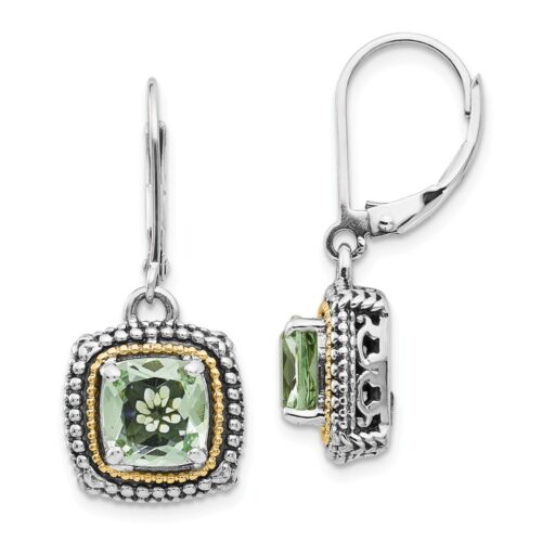 QTC1487 Sterling Silver with 14K Gold Green Quartz Leverback Earrings