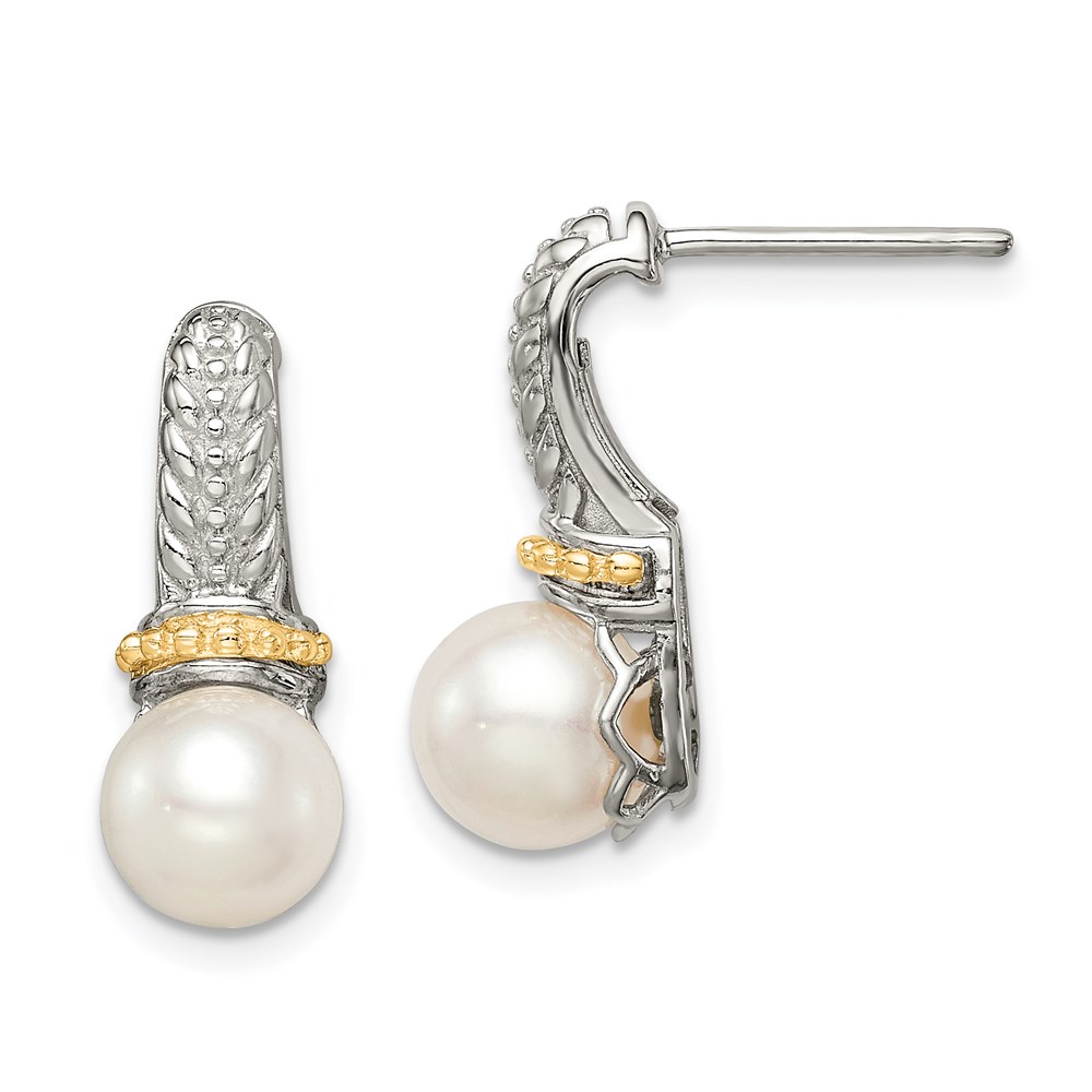 QTC1532 14K 7-8MM Sterling Silver & Two-Tone with Accent FWC Pearl Post Dangle Earrings