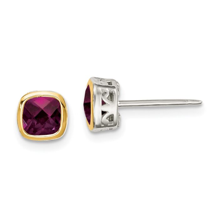 QTC1723 Sterling Silver with 14K Accent Rhodolite Garnet Square Stud Earrings