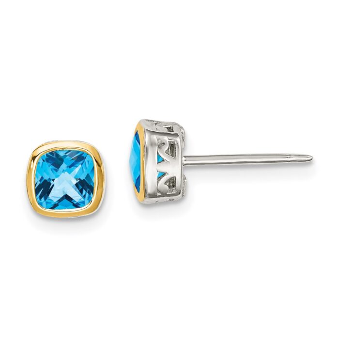 QTC1726 14K Sterling Silver Two-Tone with Accent Light Swiss Blue Topaz Square Stud Earrings