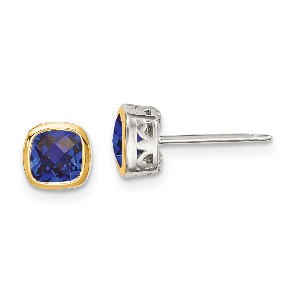 QTC1732 Sterling Silver with 14K Accent Created Sapphire Square Stud Earrings