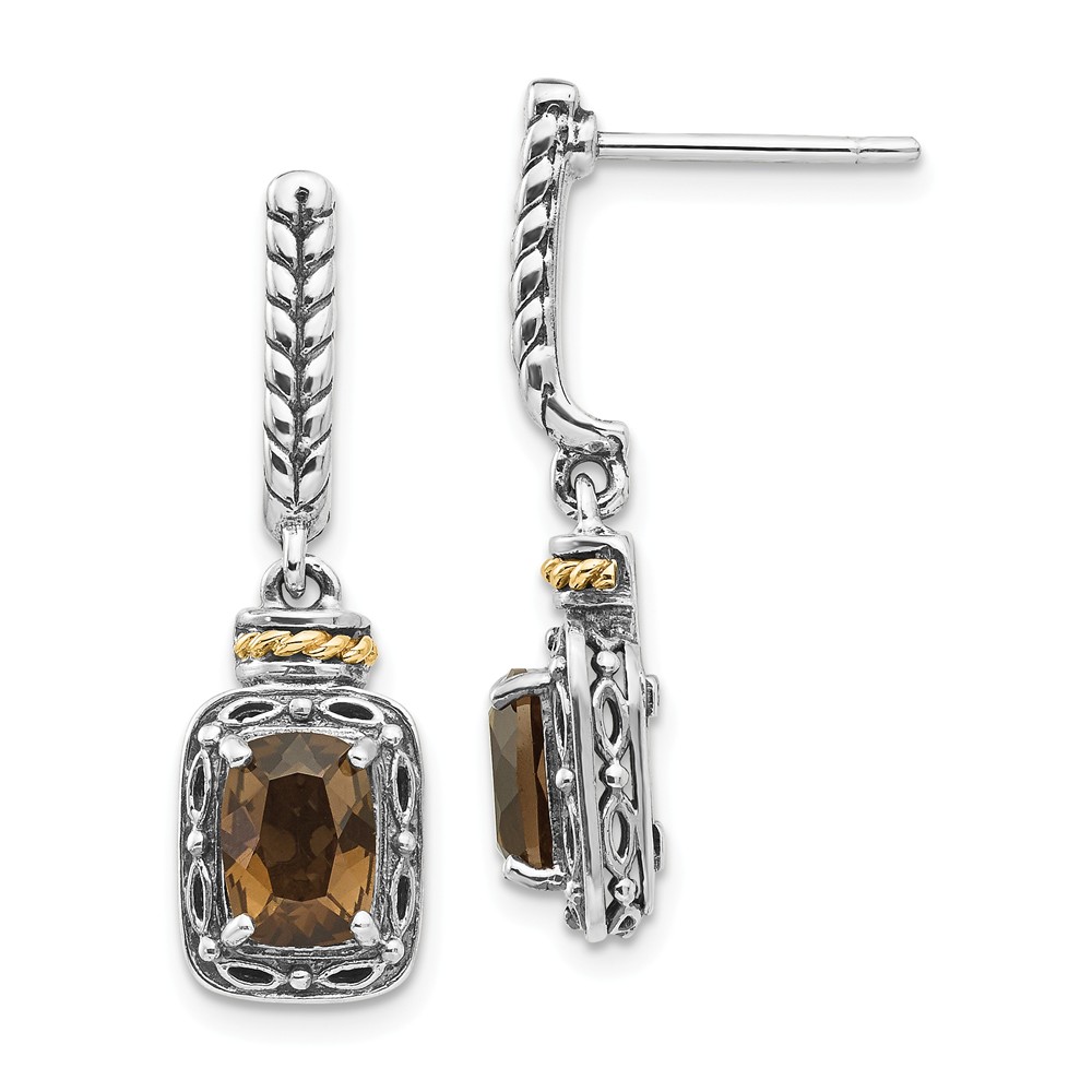 QTC989 Sterling Silver with 14K Gold Antiqued Smoky Quartz Post Dangle Earrings